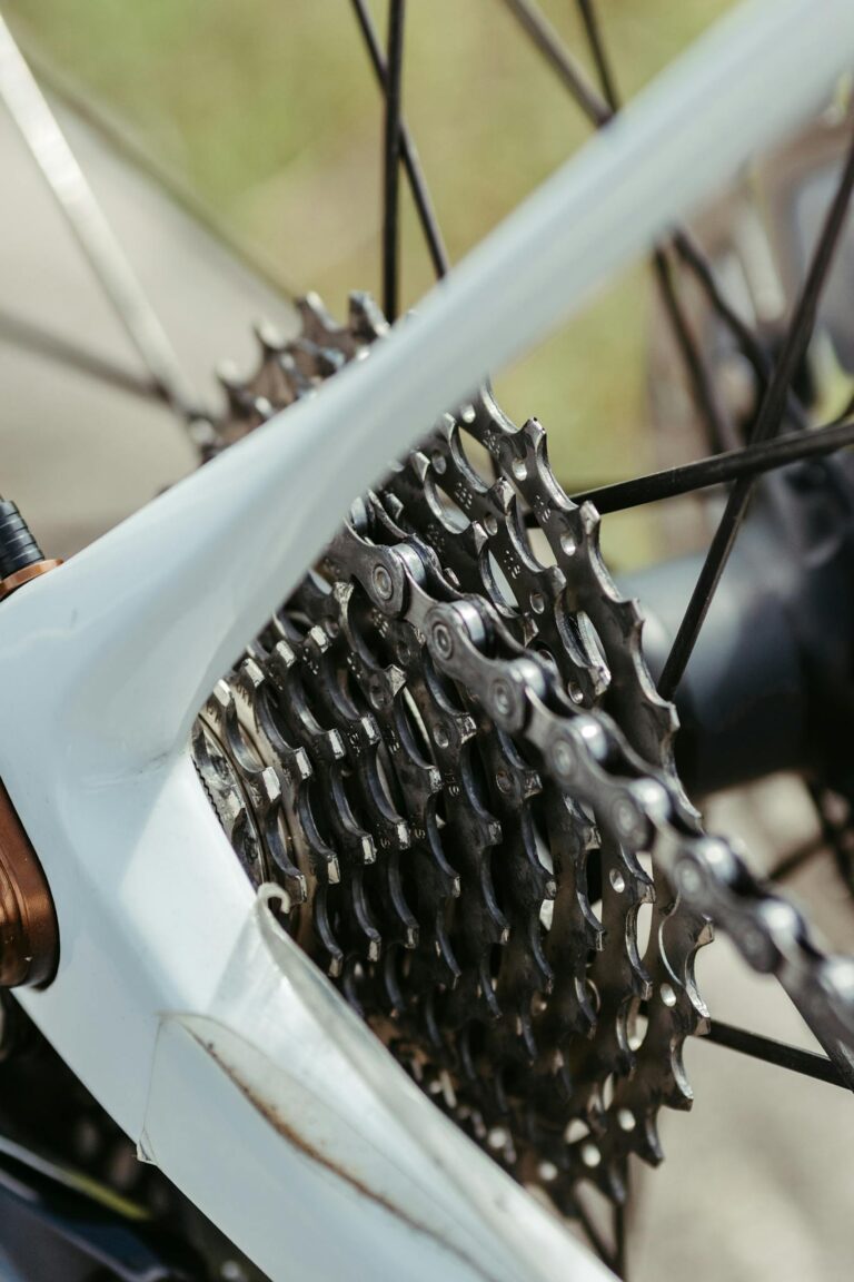 Detailed view of a bicycle's gear and chain mechanism. Perfect for technical and cycling-related visuals.